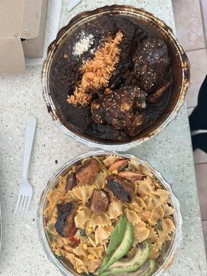 Chipotle shrimp pasta and chicken mole'