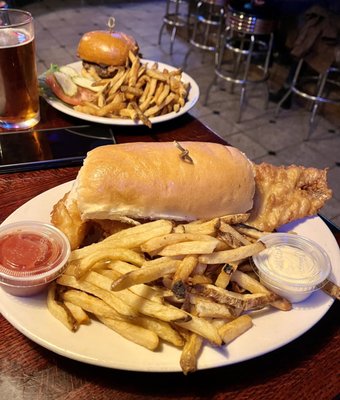 Enormous fresh fish and a blue cheeseburger with bacon