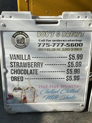 Milkshake menu