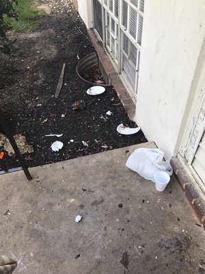 Bruh, how do you make it this far outside with your trash, then leave it AT THE FRONT DOOR? Property manager says cameras don't work...