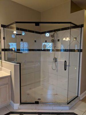 3/8 Clear Tempered Polished glass (4) pieces, 90 inches tall, Matte Black header, U-channel, 8 inch c-pull handle.