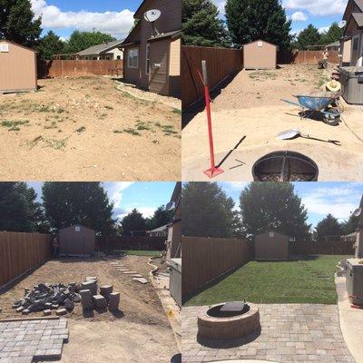 Before and after, sprinklers, paver patio, sod, and fire pit