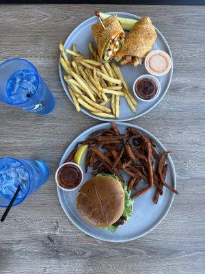 Buffalo chicken wrap and crab cake sandwich