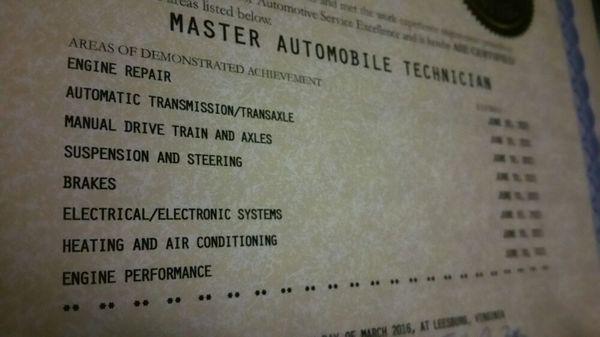 Recertified Master ASE Automotive Technician