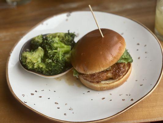 Honey chipotle chicken sandwich and broccoli