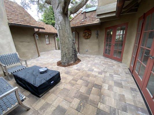 The back yard view with fire pit