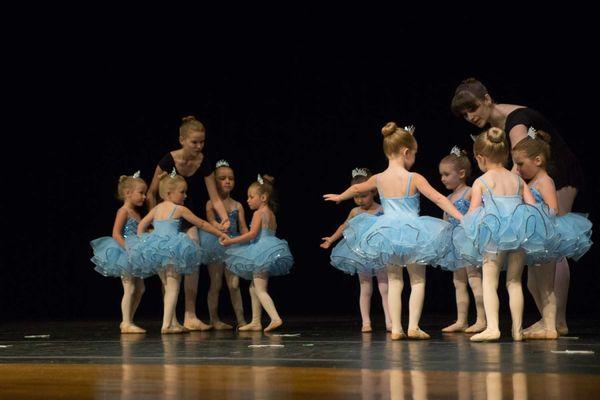 Tiny Tutus Pre-Ballet 1 class on stage at the recital, dancing to "A Dream is a Wish Your Heart Makes." 2016