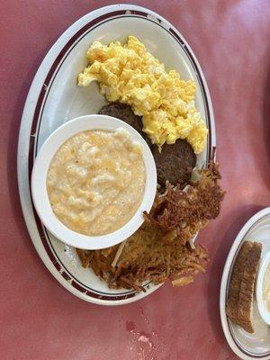 Cheese grits,scrambled eggs,hash browns,wheat toast