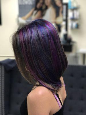 Our Kiddo Guest rocking blue, violet, magenta fashion colors with and inverted bob