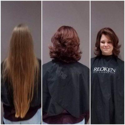 Before & after big transformation done by Brenda today.  Hair being donated to Wigs for kids.