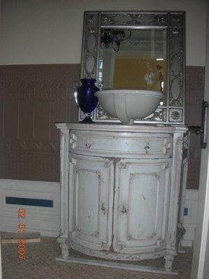 New construction-powder room-distressed vanity and applied paintable wallpaper