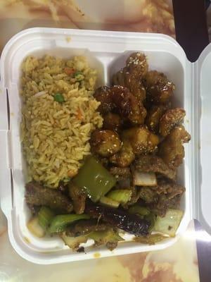 Sesame chicken, spicy beef and fried rice