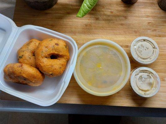 South Indian breakfast. Vada with Sambar dal and a supper yummy coconut chutney.