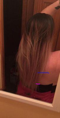 The purple line is how much she showed me she was going to cut. The blue line is how much hair I have left.