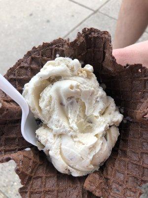 Cookie dough ice cream in house-made chocolate waffle bowl