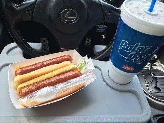 Hot dogs and a drink.