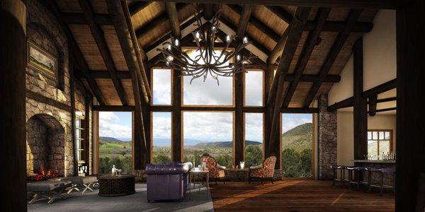 Great Room from the front door of the Lodge with expansive breathtaking views of multiple mountain ranges