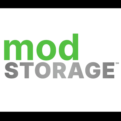 modSTORAGE Logo. letters mod in lime green and sitting in the right hand corner and on top of storage...