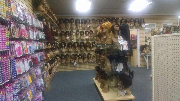 Wigs and a separate section to sit and  try them out.