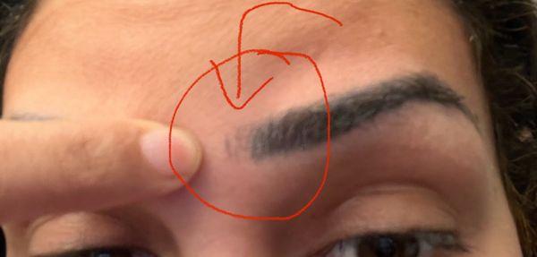 Random stroke lines that went too far in between eyebrows and were too short on top of that.   Notice the color looks black.