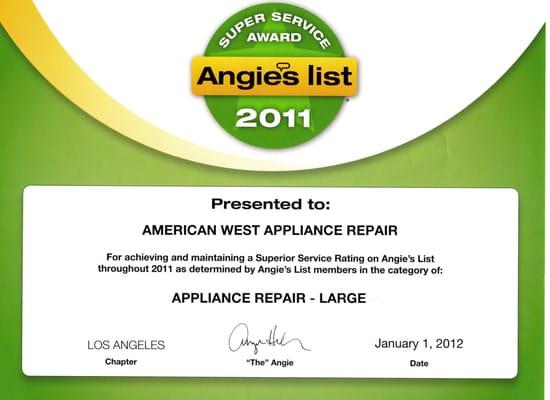 2011 Super Service Award from Angie's List members.