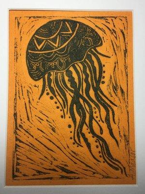 Key West Art by Alisa Mealor - Jellyfish Linoleum Block Print on handmade Lokta paper.