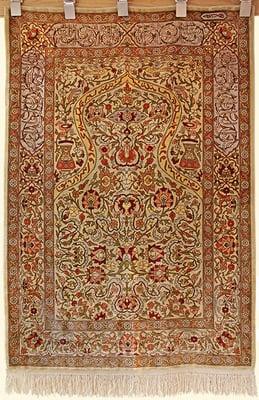 Turkish Hereke Prayer Rug Circa 1930 - 100% SIlk & Gold at Silk Road Collections in Santa Fe Photo ©2014