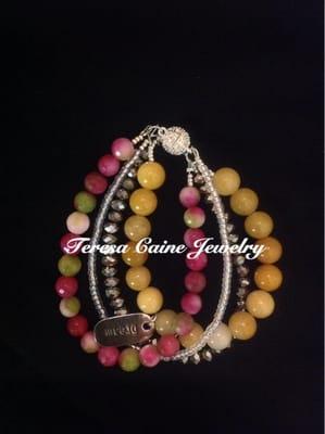 Agate, Jasper and Crystal Four Strand Bracelet with Dream Charm attached