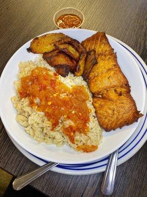 Liberian Dry Rice w/ salmon & plantains. So good!