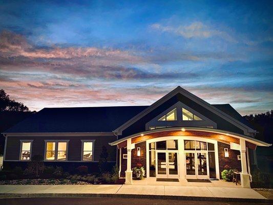 New Church Building at dusk.