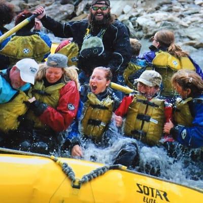 Wearing dry suits and our hair is soaked! Look at all that water on our laps!!!! So awesome!!!