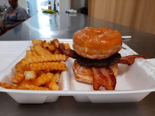 Our Donut bacon cheeseburger burger