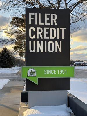 Filer Credit Union sign at sunset during the winter