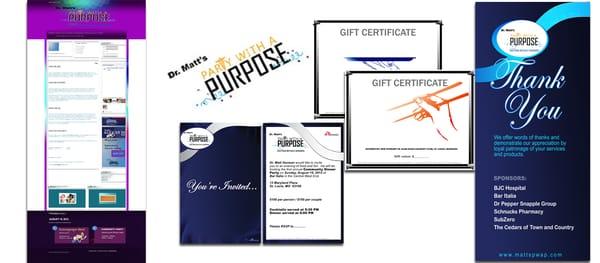 logo, signs, banners, invitations and certificates for Dr. Matt's Party with a Purpose