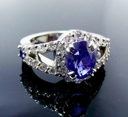 Platinum, sapphire, diamond, halo, by-pass ring