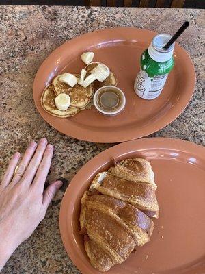 Bacon egg and cheese breakfast croissant sandwich and kids pancake meal