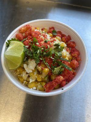 Elote cup with hot Cheetos