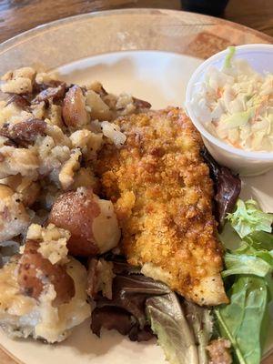 Parmesan crusted cod with garlic red smashed potatoes.