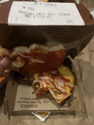 A "Double quarter pounder with bacon, Simple just NO BACON... but I was charged for it. HORRIBLE!!!!