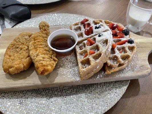 Chicken and waffles, very flavorful and not too sweet or greasy!