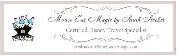 Sarah Stecker
Certified Disney Travel Specialist 
1-888-809-MICKEY ex:733
sarahstecker@mouseearmagic.com