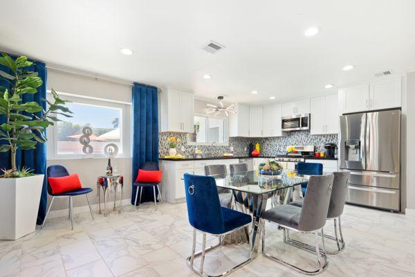 Dining area + brand new built kitchen + reading/wine nook.