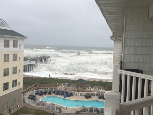 A view of the pier as hurricane Joaquin churns out at sea.