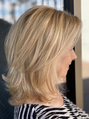 Highlight root color and haircut. You don't always have to use bleach to lift light