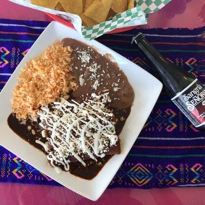 Enchiladas de Mole available in chicken, cheese or potato.