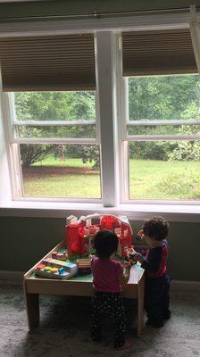 Two children playing with a farm toy, at Wildwood Lane