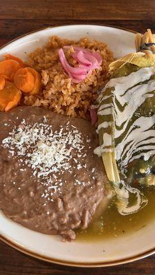 Sweet Potato Mole tamal combo with salsa verde