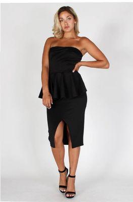 Black strapless peplum dress with front split.