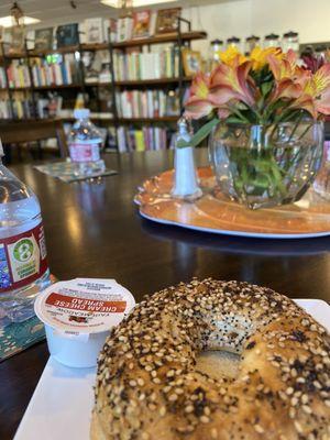 Gulfport, MS! A delicious everything bagel with cream cheese!! This beautiful café and bookstore is my new "office" location.