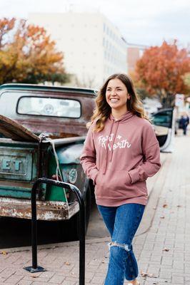 Woman in pink Fort Worth hoodie